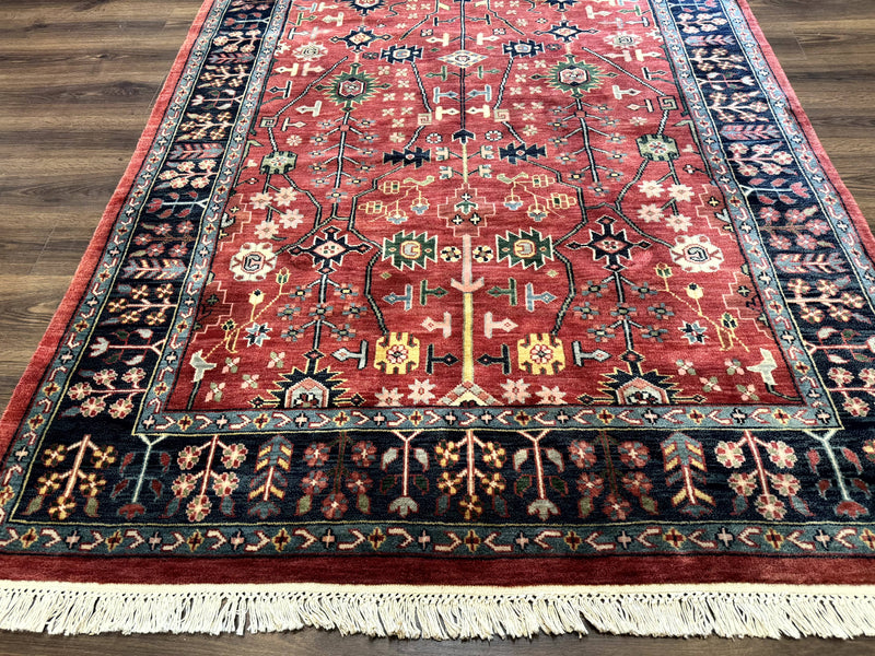 Indo Persian Heriz Serapi Rug 6x8, Rust Red and Navy Blue, Allover Pattern