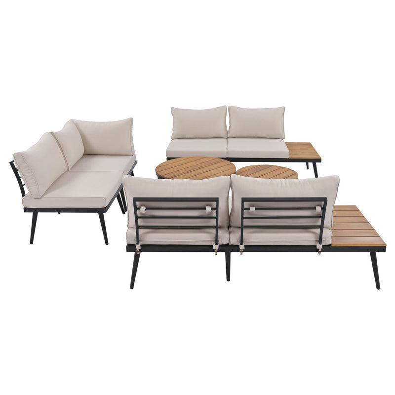 6-Piece Outdoor Sectional Sofa Set with Round Nesting Coffee Tables and Seating Sofa with Cushions for Patio, Porch and Garden (Beige)
