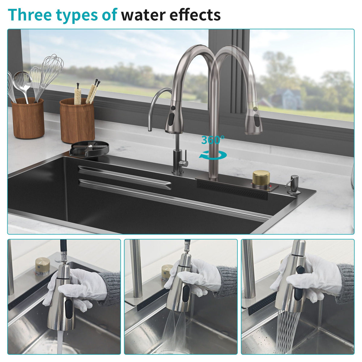 Waterfall Kitchen Sink With Pull Out Faucet & Cup Washer, photo 6 of 40
