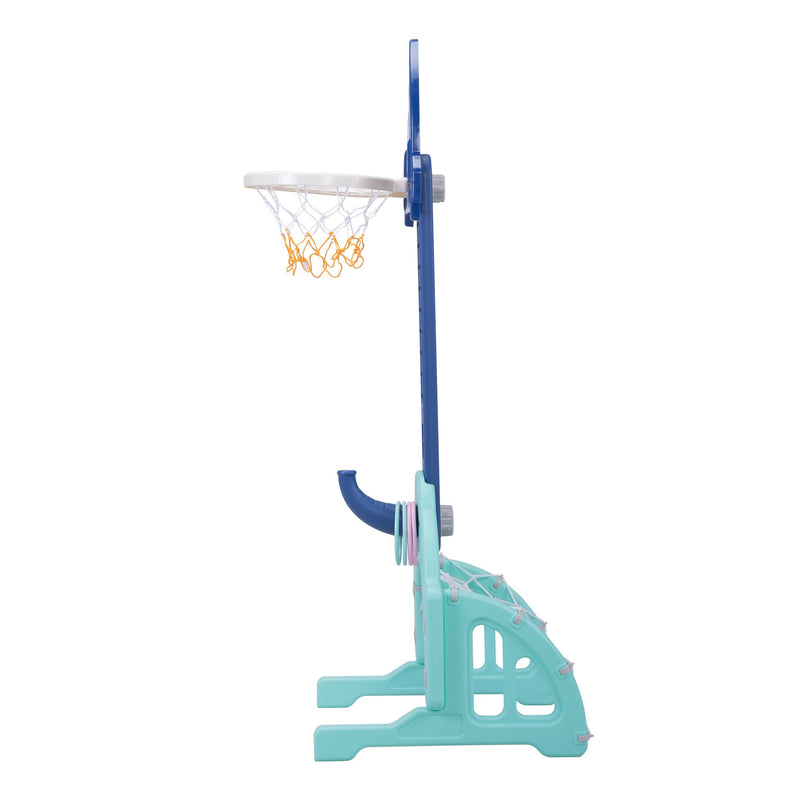 5 in 1 Slide and Swing Playing Set, Toddler Extra-Long Slide with 2 Basketball Hoops, Football, Ringtoss, Indoor Outdoor