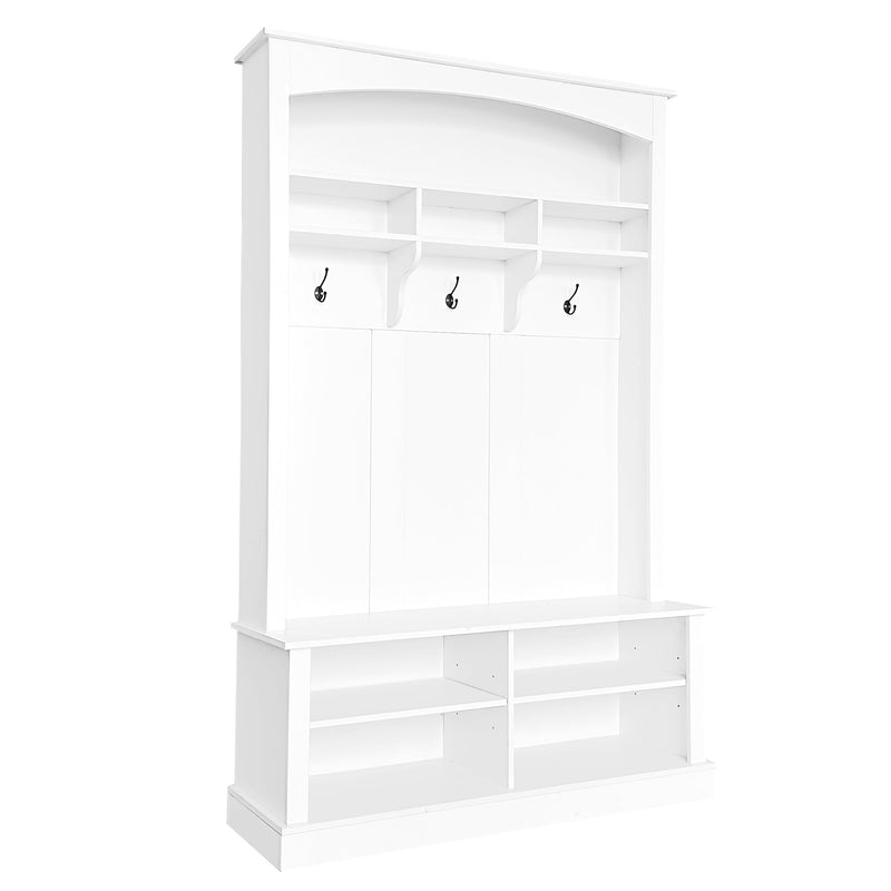 47.2" Wide Hall Tree with Bench and Shoe Storage, Multi-functional Storage Bench with 3 Hanging Hooks & Open Storage Space, Rectangle Storage & Shelves Coat Rack for Hallway, White