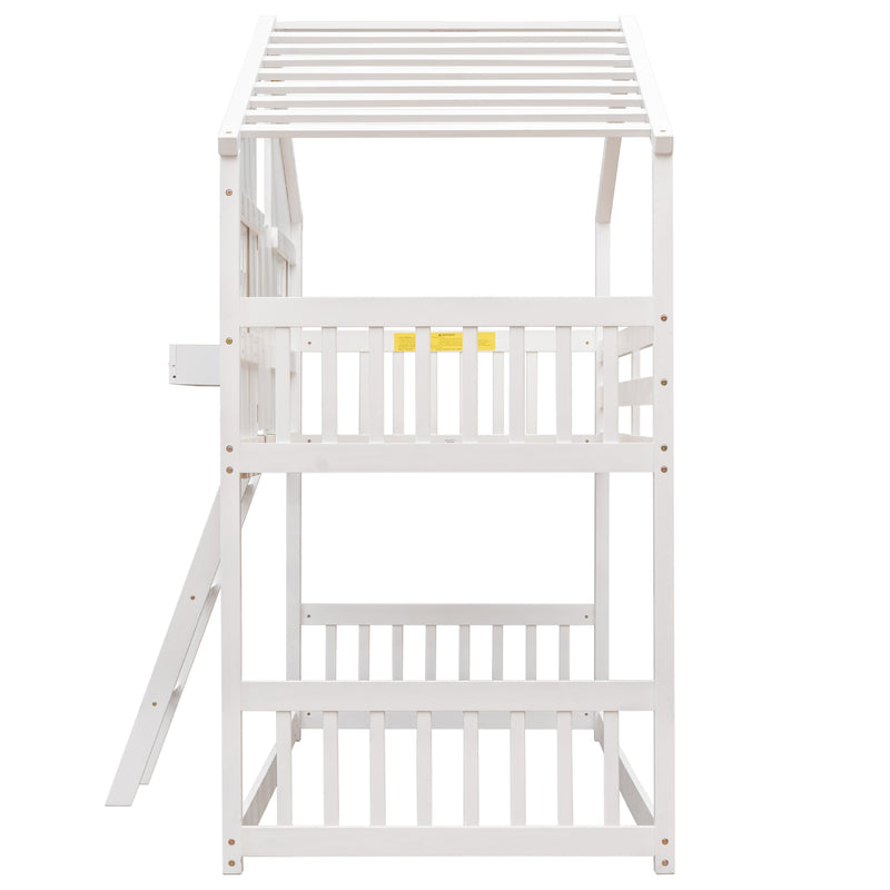 Twin over Twin House Bunk Bed with Roof, Window, Window Box, Door, with Safety Guardrails and Ladder, White