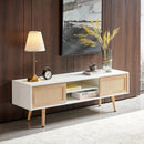 55.12" Rattan TV Cabinet, Double Sliding Doors For Storage, Adjustable Shelf, Solid Wood Legs, TV Console For Living Room by Unique Piece Furniture