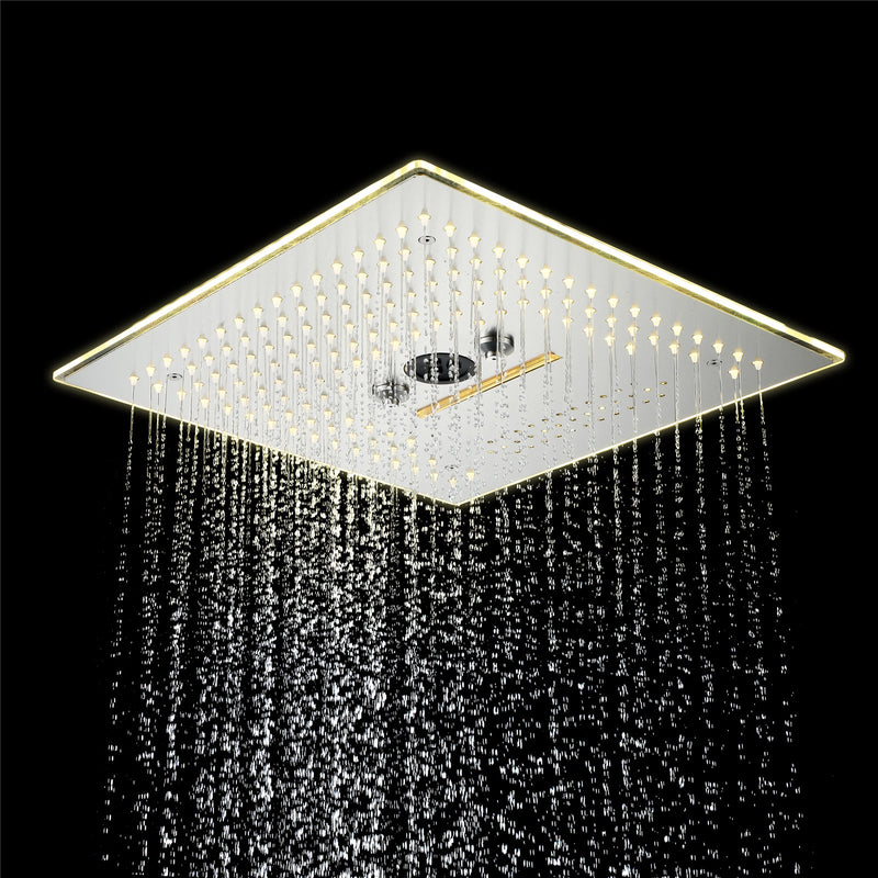 16-Inch Brushed Nickel Flush Mount Rainfall-Waterfall-Mist Hydro-Water Massage, 5-Way Digital Thermostatic Shower System with 64 LED Lights and Bluetooth Music Integration