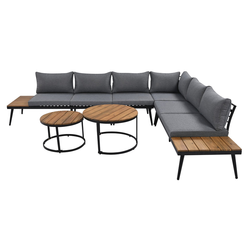6-Piece Outdoor Sectional Sofa Set with Round Nesting Coffee Tables and Seating Sofa with Cushions for Patio, Porch and Garden (Grey)