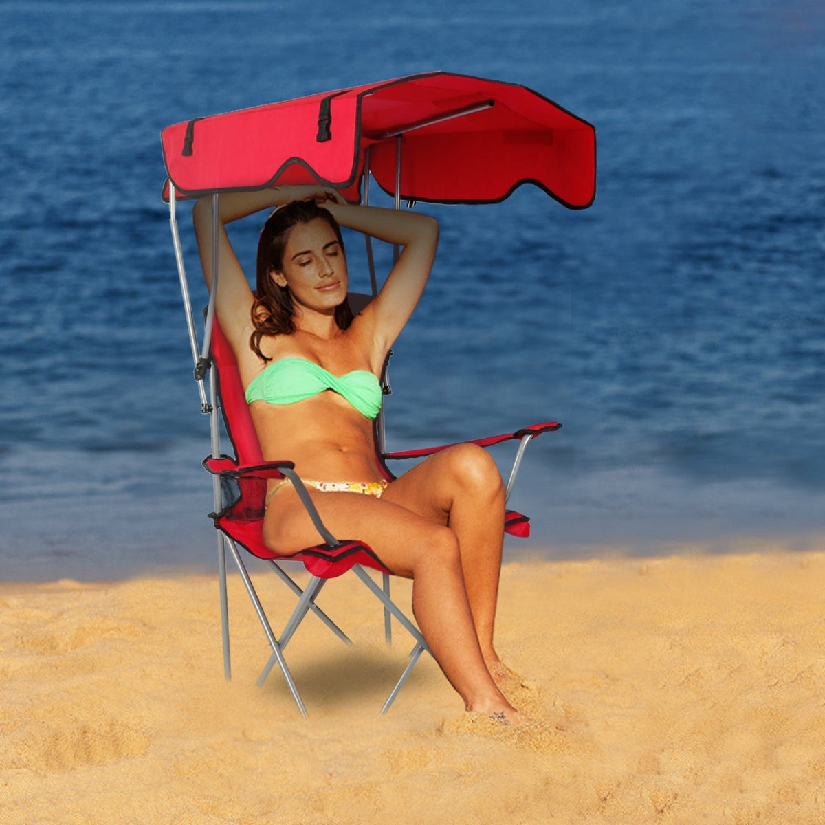 Foldable Beach Canopy Chair Sun Protection Camping Lawn Canopy Chair 330LBS Load Folding Seat w/ Cup Holder For Beach Poolside Travel Picnic, photo 8 of 14
