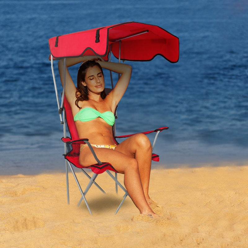 Foldable Beach Canopy Chair Sun Protection Camping Lawn Canopy Chair 330LBS Load Folding Seat w/ Cup Holder For Beach Poolside Travel Picnic, photo 8 of 14