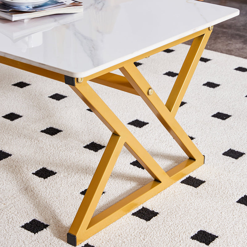 A modern minimalist style white marble patterned coffee table with golden metal legs. Computer desk. Game table. Tea table. CT-XX