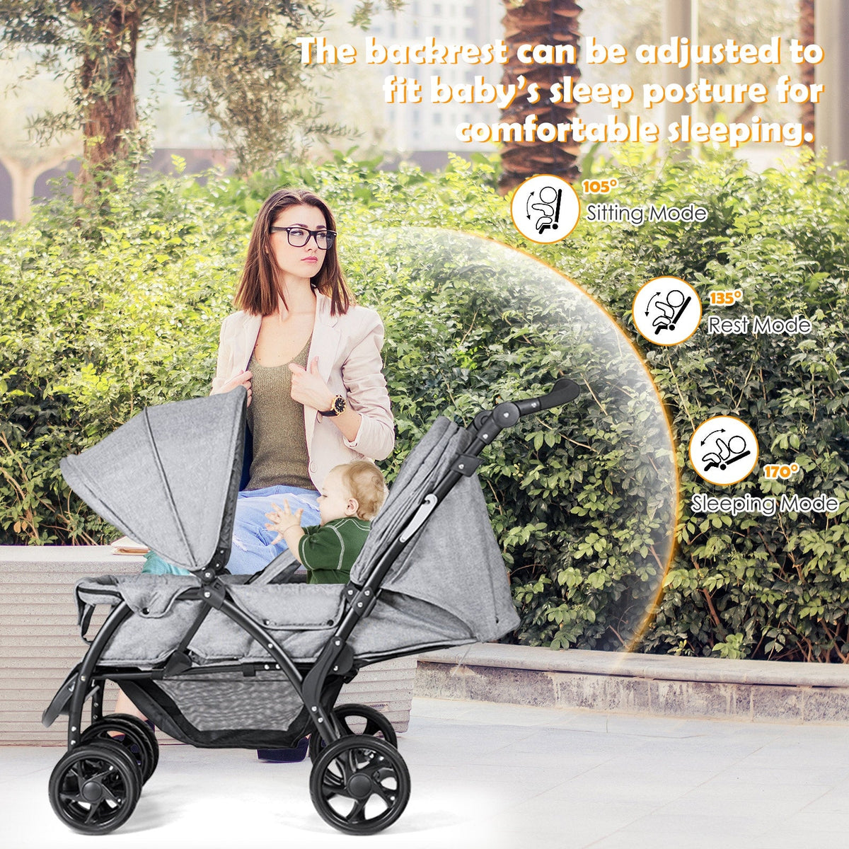Foldable Lightweight Front Back Seats Double Baby Stroller-Gray, photo 7 of 8