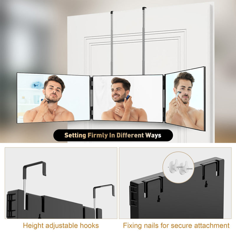 3 Way Mirror for Hair Cutting, 360 Degree Trifold Mirror with Height Adjustable Telescoping Hooks, Black