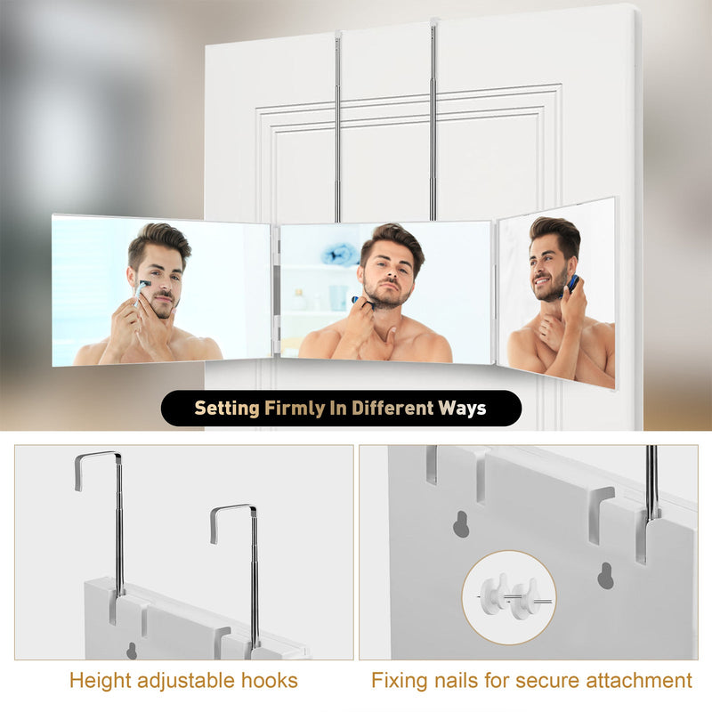 3 Way Mirror for Hair Cutting, 360 Degree Trifold Mirror with Height Adjustable Telescoping Hooks