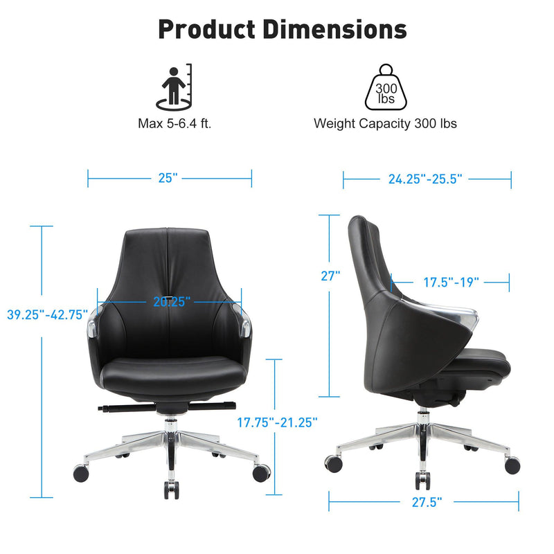 Executive Office Chair, Ergonomic Leather Chair with Adjustable Height and Tilt, 360° Swivel, Computer Desk Chair for Office Home, Black