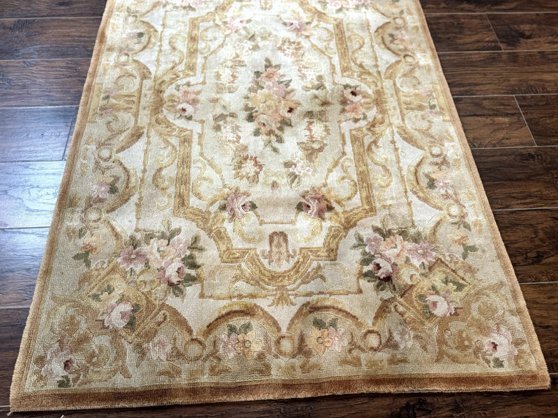 Chinese Aubusson Rug 3.6 x 5, Beige and Gold, Handmade Vintage Elegant European Design Carpet, Plush Wool, Handmade