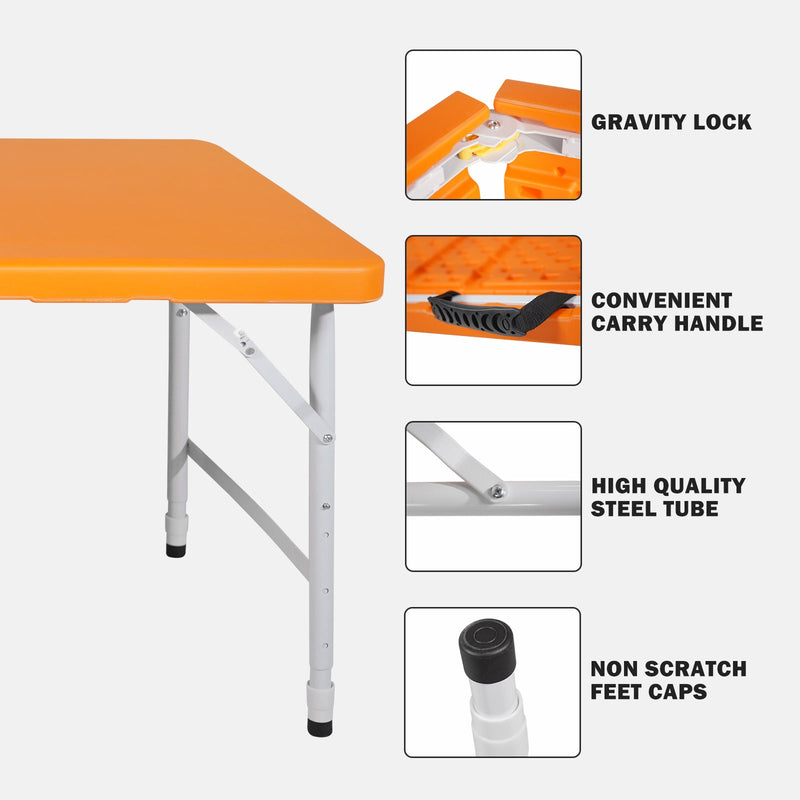 4ft Orange Portable Folding Table Indoor&Outdoor Maximum Weight 135KG Foldable Table for Camping