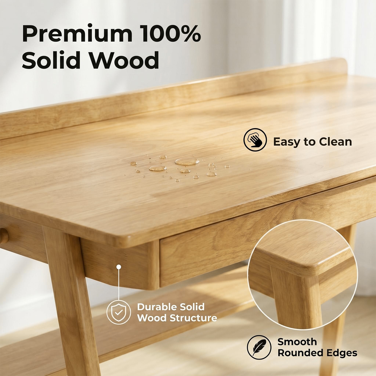 Solid Wood Writing Desk with 2 Drawers & Storage Shelf, photo 8 of 10