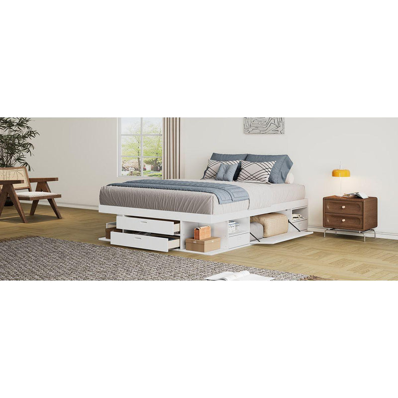Storage Platform Bed Frame with Multiple Drawers and Shelves No Box Spring Needed, Queen Size,White