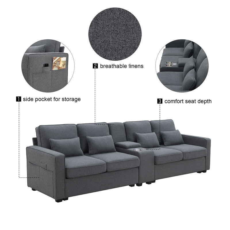 Walker Edison | Modern Linen 114" Sofa with Console and USB