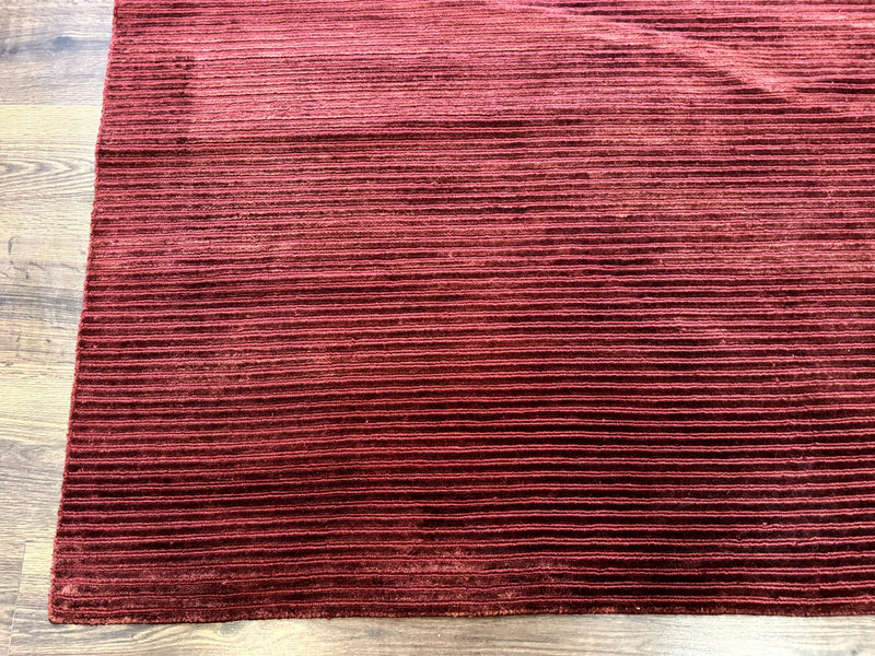 Modern Tibetan Rug 8x10, Red, Stripes, Handmade Wool Thick Pile Carpet
