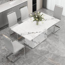 A simple dining table. A dining table with a white marble pattern. 4 PU synthetic leather high backrest cushioned side chairs with C-shaped silver metal legs. DT-SQ-16090-wh