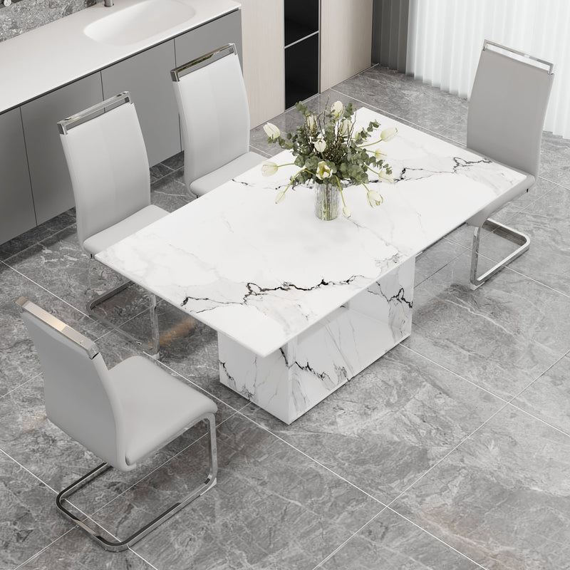 A simple dining table. A dining table with a white marble pattern. 4 PU synthetic leather high backrest cushioned side chairs with C-shaped silver metal legs. DT-SQ-16090-wh