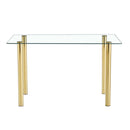 A modern minimalist style glass dining table. Transparent tempered glass tabletop with a thickness of 0.3 feet and golden metal legs. Suitable for restaurants and living rooms. 51"x31.4"x29.5"