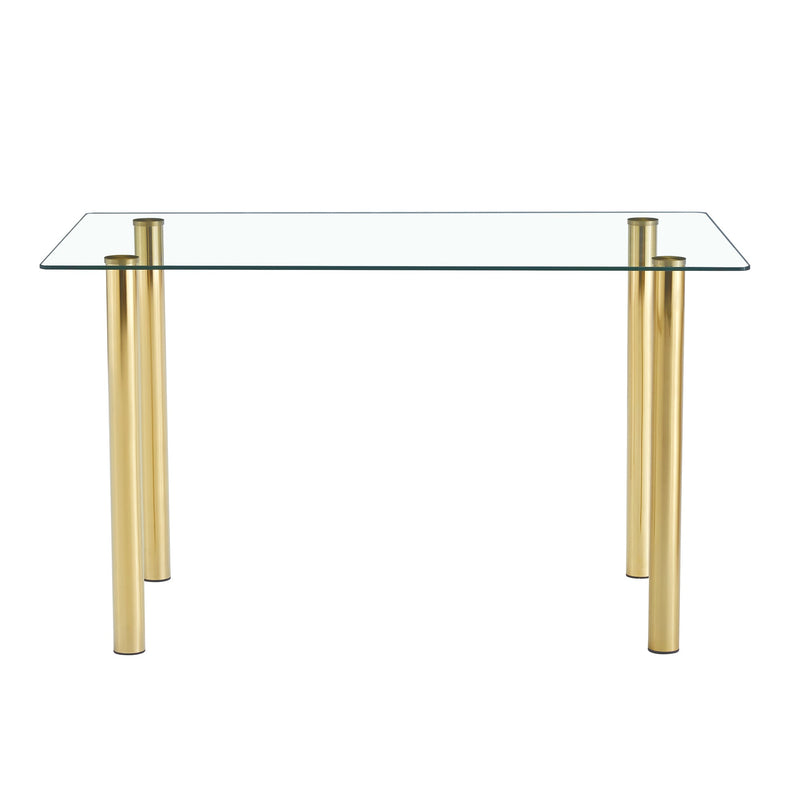 A modern minimalist style glass dining table. Transparent tempered glass tabletop with a thickness of 0.3 feet and golden metal legs. Suitable for restaurants and living rooms. 51"x31.4"x29.5"