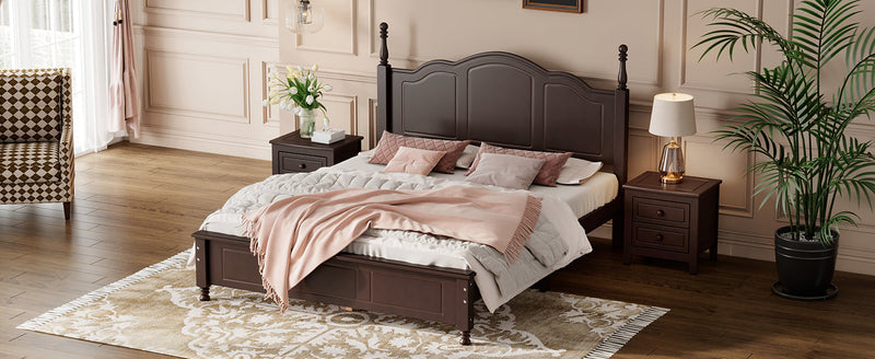 3-Pieces Bedroom Sets,Queen Size Wood Platform Bed and Two Nightstands-Dark Walnut