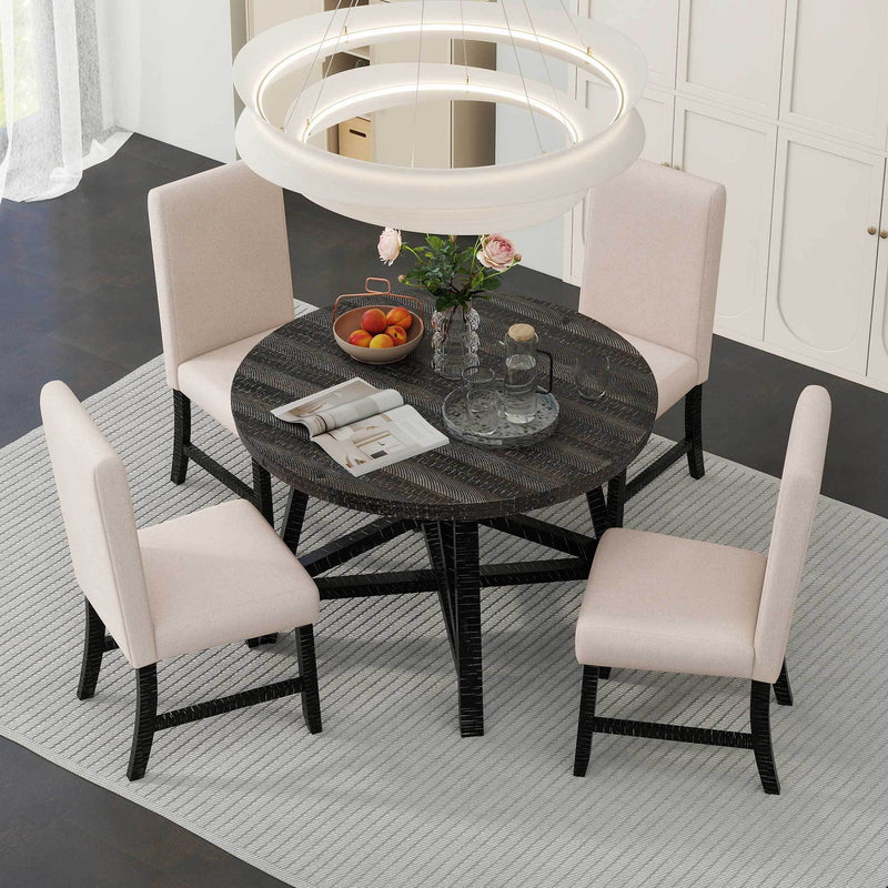 5-Piece Retro Functional Dining Set with Extendable Round Table with Removable Middle Leaf and 4 Upholstered Chairs for Dining Room and Living Room (Black)