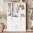 Entryway Bench With Integrated Shoe Cabinet, 3 In 1 Design And Mirrored Cabinet Door, Hall Tree With 4 Sturdy Hooks And Foldable Seat For Entrance, Living Room - White by HouseOfZazla