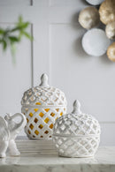 Ceramic Lidded Jar With Lattice Design - White by HouseOfZazla