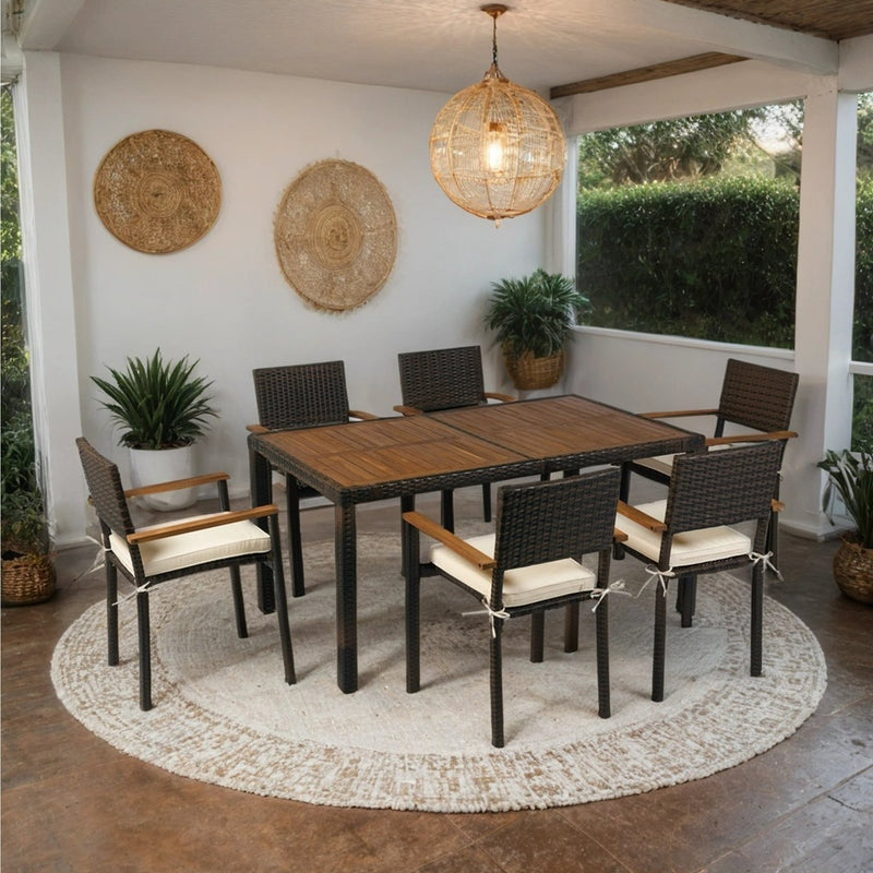 7 piece Outdoor Patio Wicker Dining Set Patio Wicker Furniture Dining Set w/Acacia Wood Top Brown Wicker + Cream Cushion
