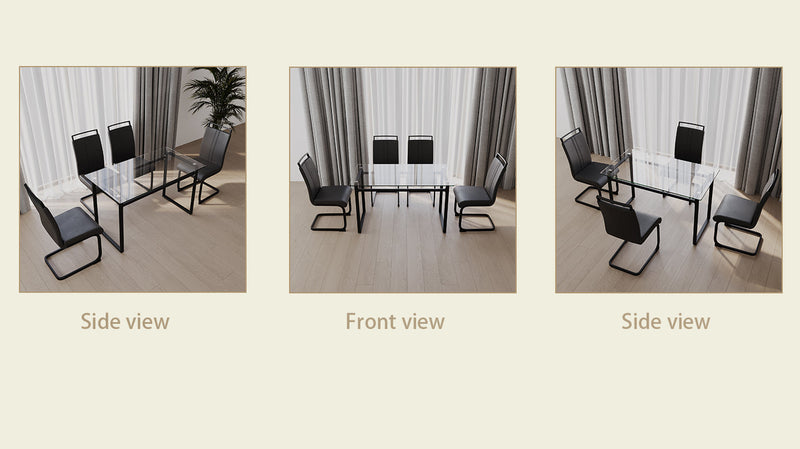 51 inch Glass Dining Table Set for 4, Dining Table & Chair Sets with Black Metal Legs for Kitchen, Modern Rectangle Tempered Glass Table Top and PU Dining armless Chair for Dining Room