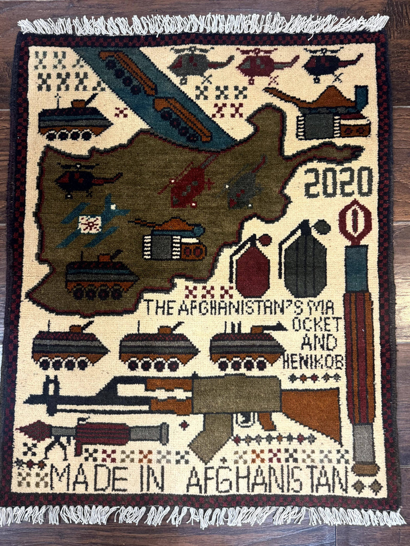 Afghan War Rug, Helicopters Tanks Guns, Handmade, Wool, 2x3