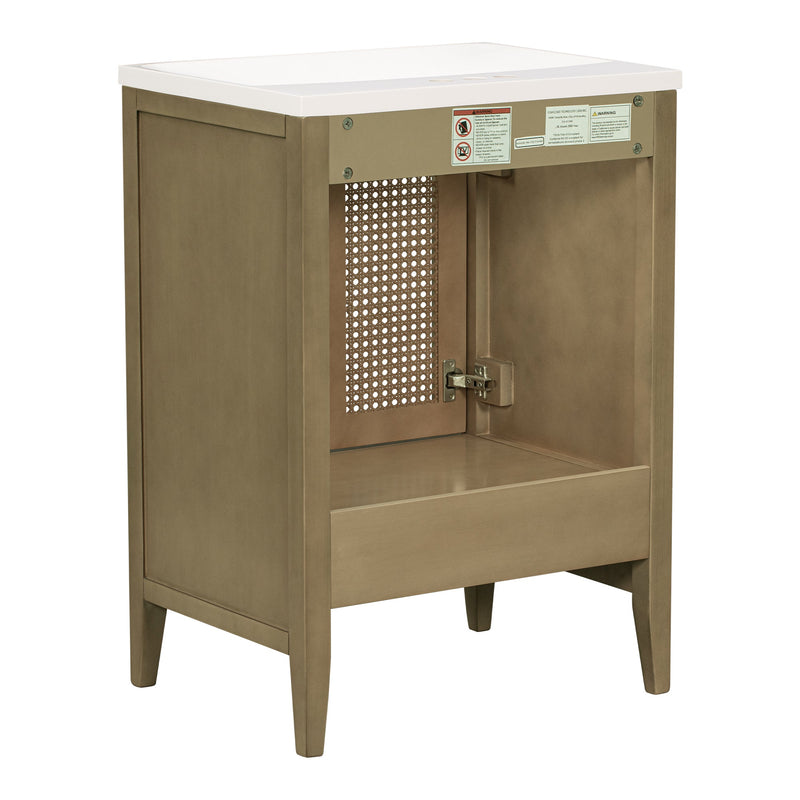 24" Bathroom Vanity with Ceramic Basin, Rattan Bathroom Storage Cabinet with Two Doors and Drawer, Solid Frame, Natural