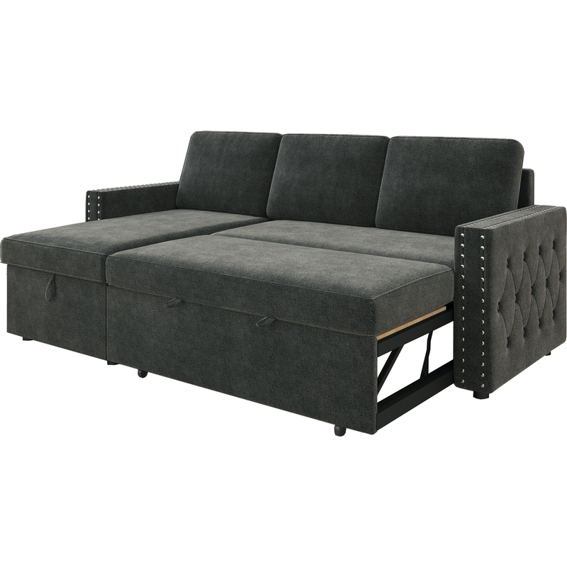 85 Inches Sofa Bed, 3 Seater Sleeper Sofa with Storage Chaise, Square Handrail With Pull and Copper nail,Chenille-Dark Grey, Pull Out Couch for Living Room