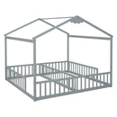 Double Twin House-Style Floor Bed with Fence, Guardrails, without door, Grey(Old Sku:W504P143316)