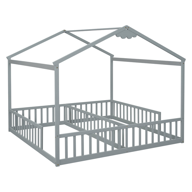 Double Twin House-Style Floor Bed with Fence, Guardrails, without door, Grey(Old Sku:W504P143316)