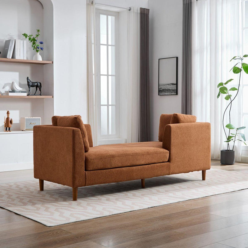 77.95'' Wide Modern Double-Sided Upholstered Chaise Lounge Indoor,Chenille Fabric Sleeper Sofa Couch With 4 Throw Pillows, Daybed with Rubberwood Legs For Living Room, Bedroom, Apartment,Caramel