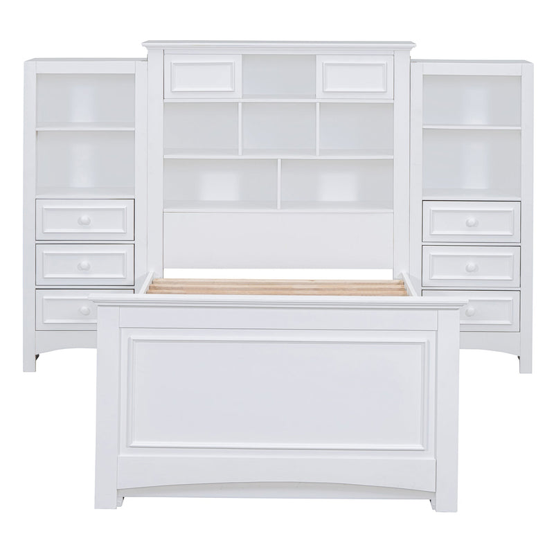 Twin Size Wood Platformbed with Vertical All-in-One Cabinet and 4 Drawers on each side, White