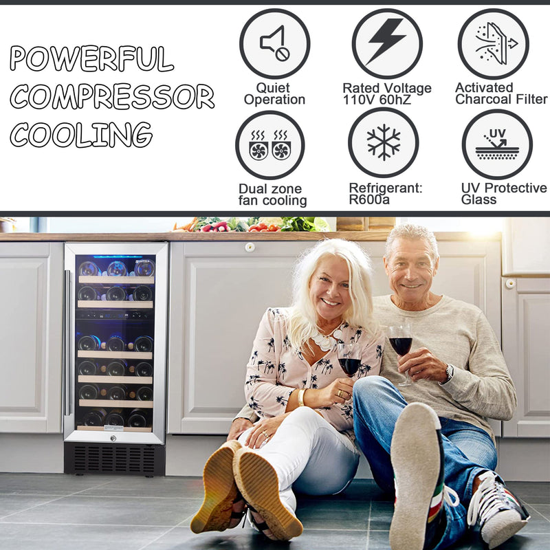 15 Inch Wine Cooler Refrigerators 28 Bottle Fast Cooling Low Noise Wine Fridge with Professional Compressor Stainless Steel, Digital Temperature Control Screen Built-in or Freestanding