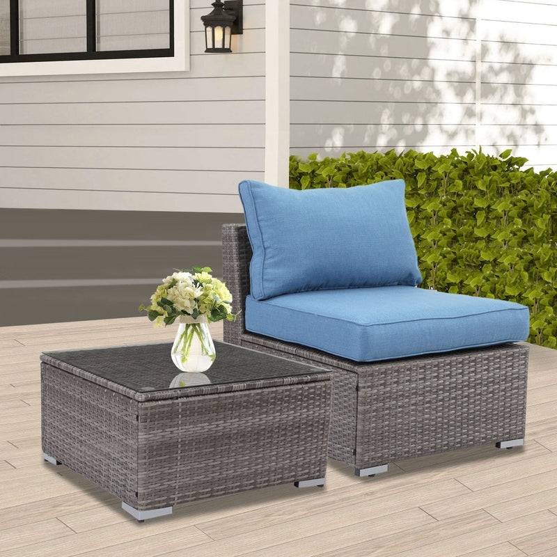 2 Pieces Patio Armless Blue Brown Single Rattan Wicker Sofa Couches Furniture With End Side Table Outdoor