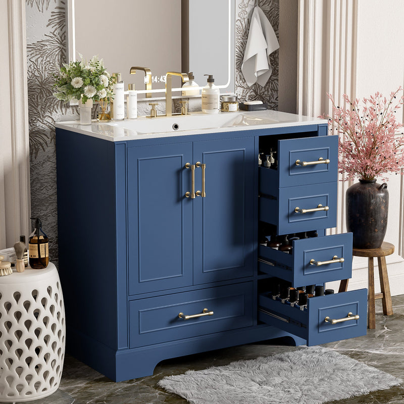 36' Traditional Bathroom Vanity with Ceramics Sink , Blue Bathroom Cabinet with Two Soft Close Doors and Four Drawers(Old sku:SV000026AAC)