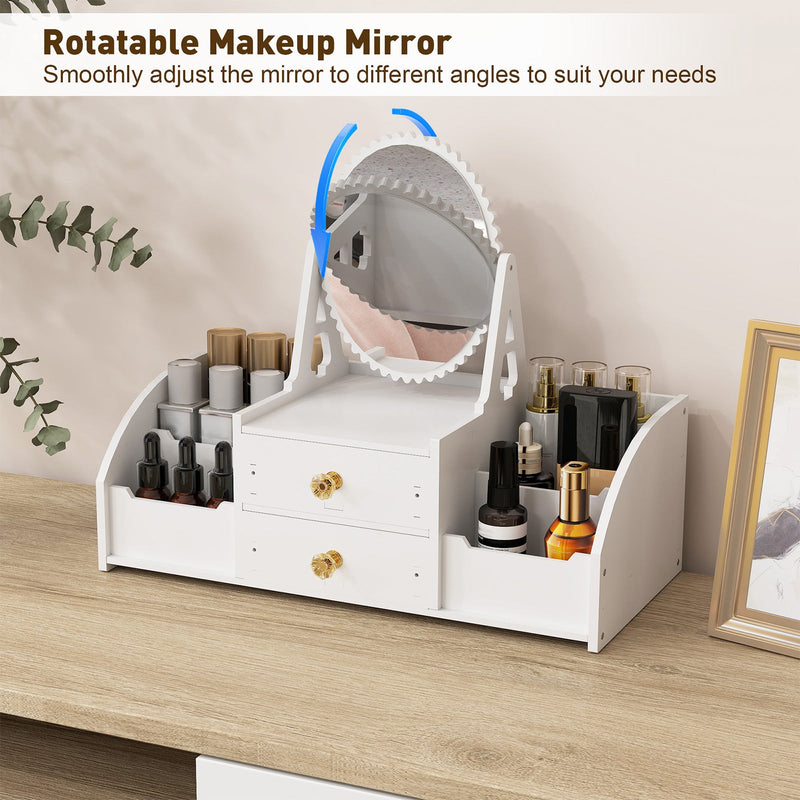 Cosmetics Storage for Vanity with Rotating Mirror, 2 Drawers and 4 Compartments Makeup Storage