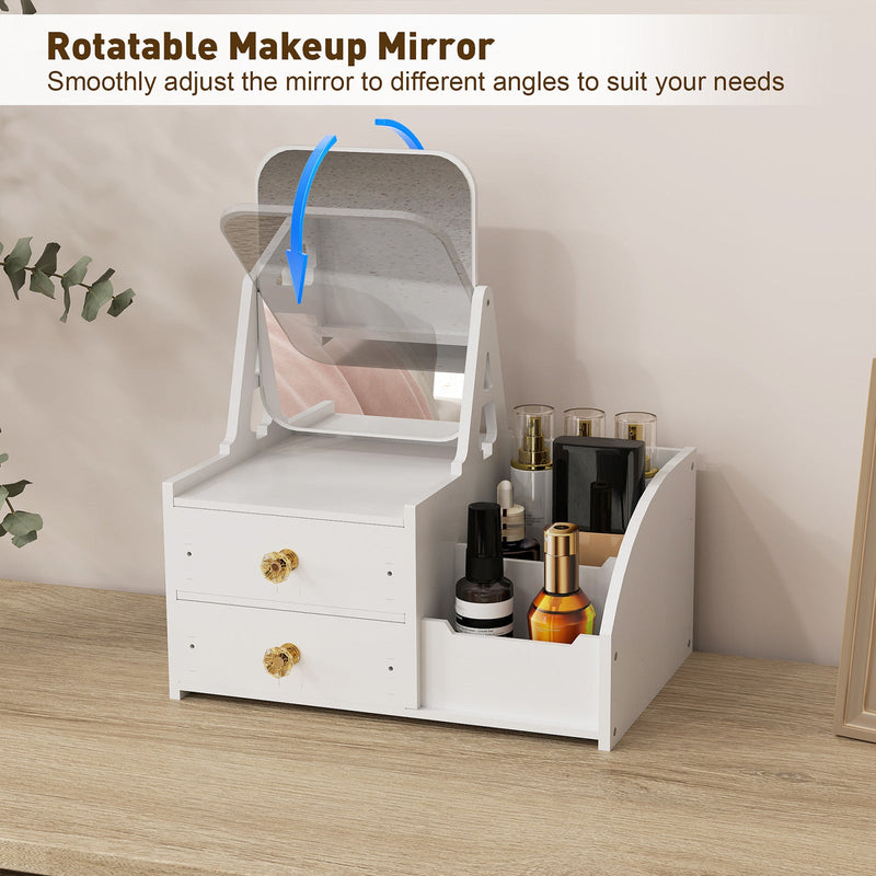 Cosmetics Storage for Vanity with Rotating Mirror, 2 Drawers and Compartment Makeup Storage