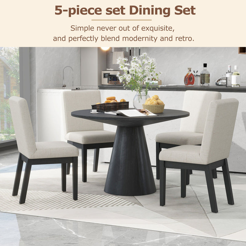 5-piece Dining Set Retro Round Table with 4 Upholstered Chairs for Living Room, Dining Room (Black)