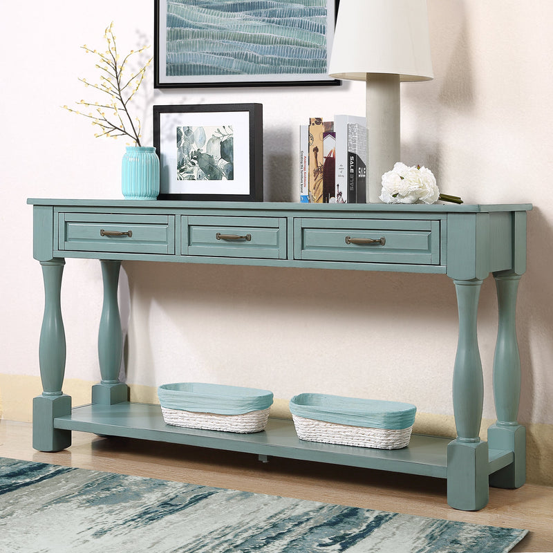 63inch Long Wood Console Table with 3 Drawers and 1 Bottom Shelf for Entryway Hallway Easy Assembly Extra-thick Sofa Table (Retro Blue)
