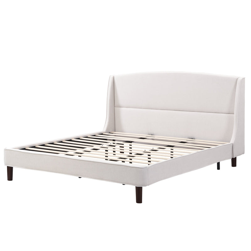 King Size Bed Frame Upholstered Platform Bed with Wingback Headboard,Beige