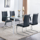 A modern minimalist rectangular glass dining table with tempered glass tabletop and silver metal legs, suitable for kitchens, restaurants, and living rooms,63"x35.4"x30"