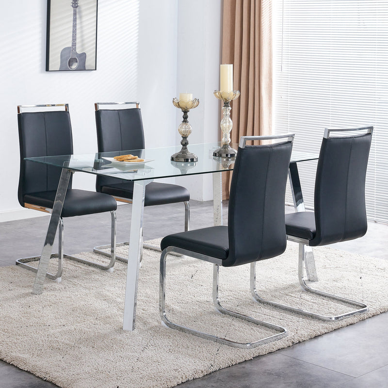 A modern minimalist rectangular glass dining table with tempered glass tabletop and silver metal legs, suitable for kitchens, restaurants, and living rooms,63"x35.4"x30"