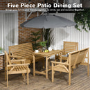 5 Piece Wooden Patio Dining Set for 6, Outdoor Conversation Set with 2 Armchairs, 2 Loveseats, and Dining Table with Umbrella Hole for Backyard, Garden, Light Brown